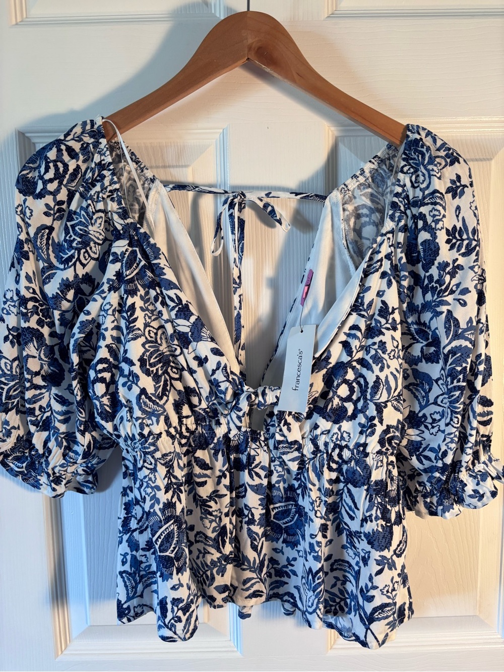 Francesca's Blue and White Floral Wrap-Style Women's Tunic